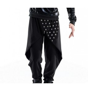 Black rivet men's male mans performance modern dance hip hop punk rock club bar jazz singer drummer magician play dance wear costumes outfits  harem loose baggy pants trousers 